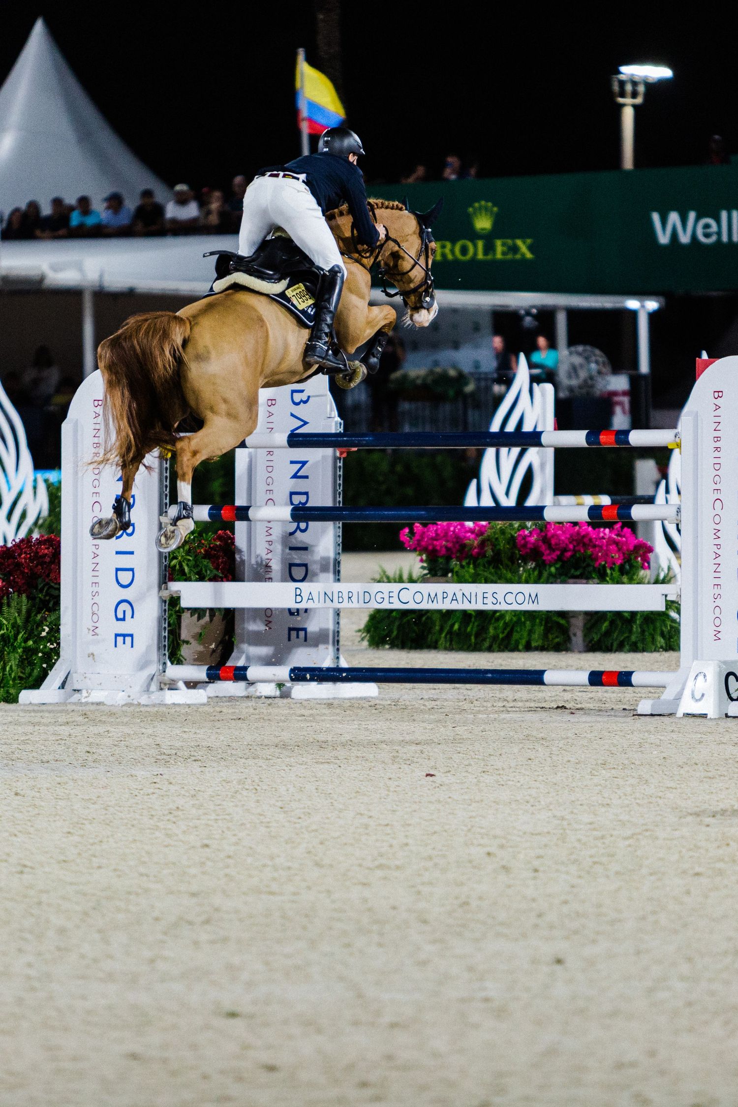 A horse and rider mid-jump over competition barriers at a nighttime equestrian event.