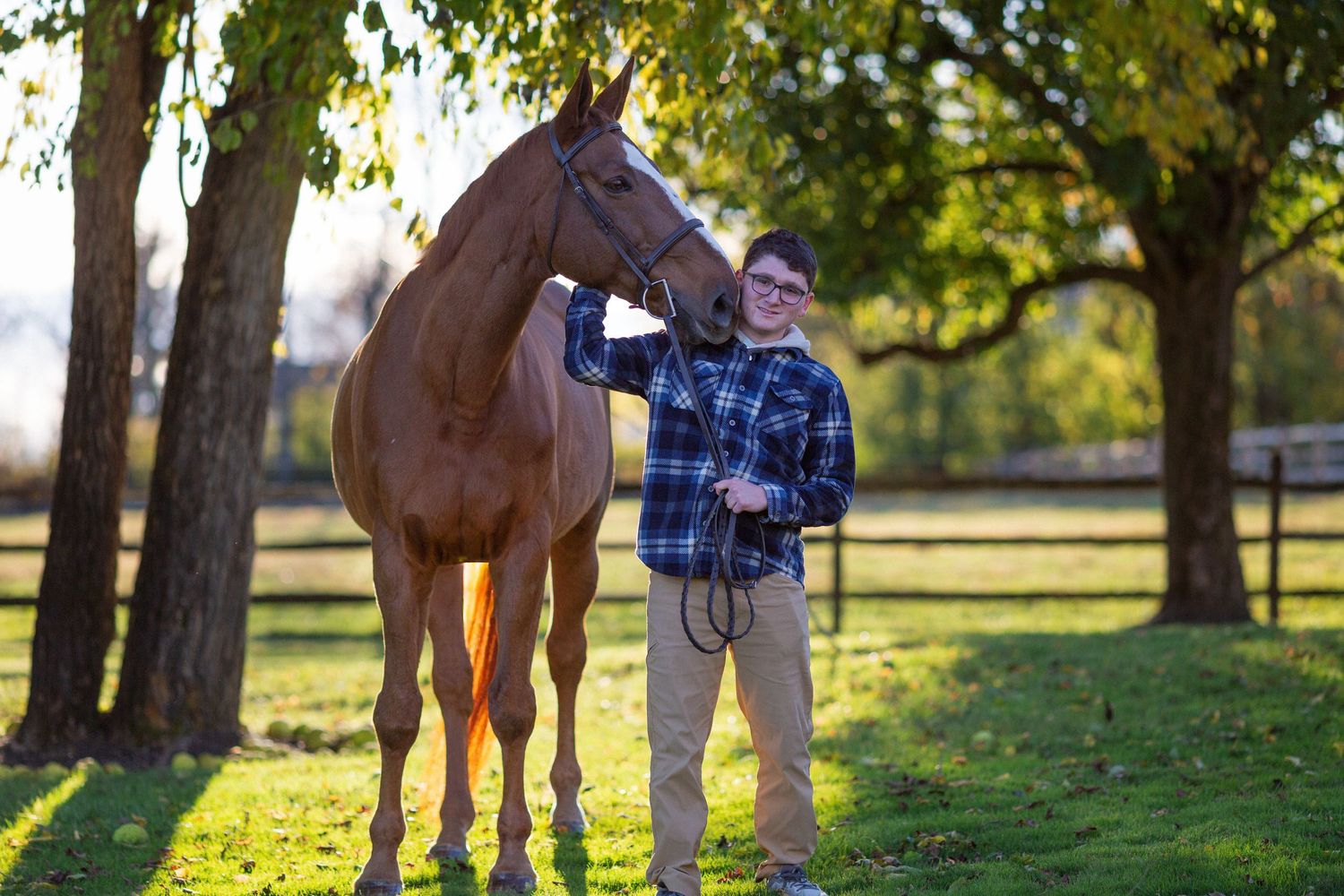A horse and companion enjoy a peaceful moment together on a sunny autumn day.