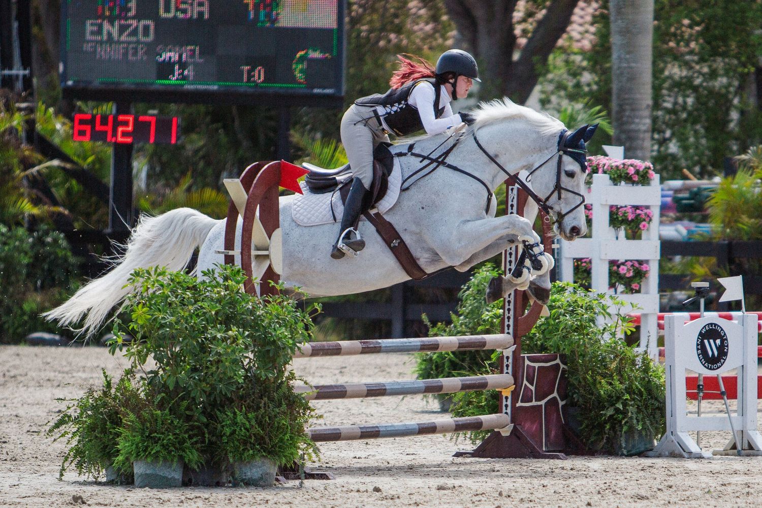 Horse and rider navigating a challenging show jumping course with colorful obstacles and greenery.
