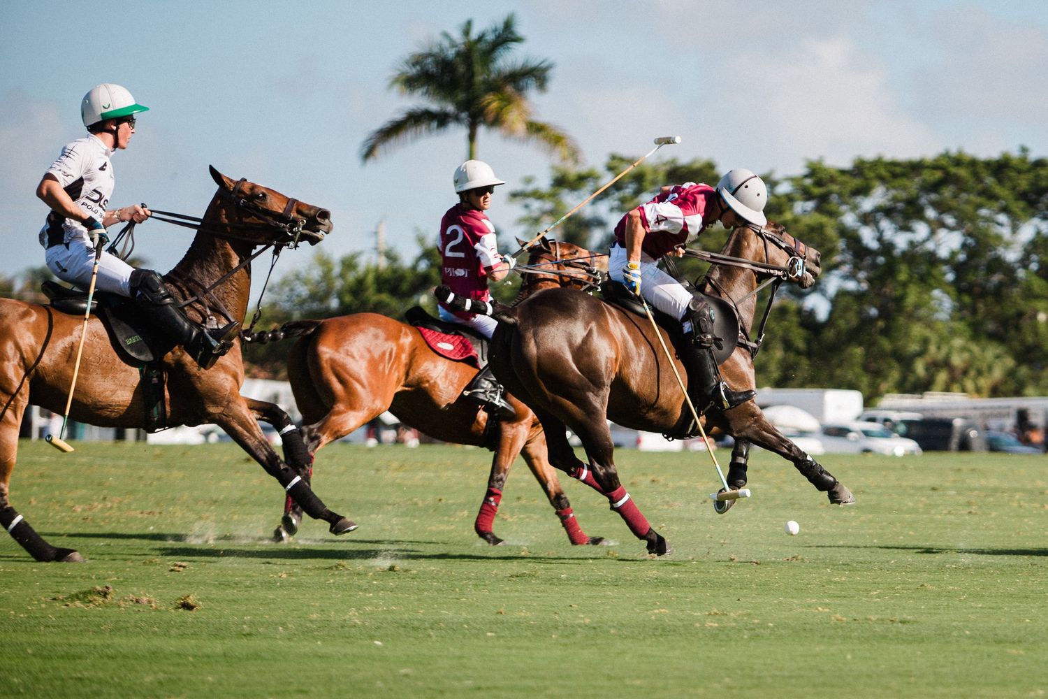 Polo players chase the ball across the field during a competitive match.