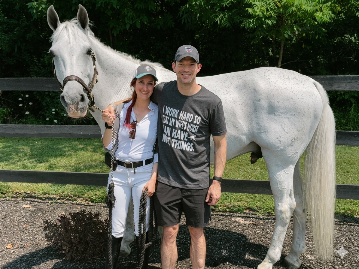 A beautiful white horse poses with two people outdoors on a sunny summer day.