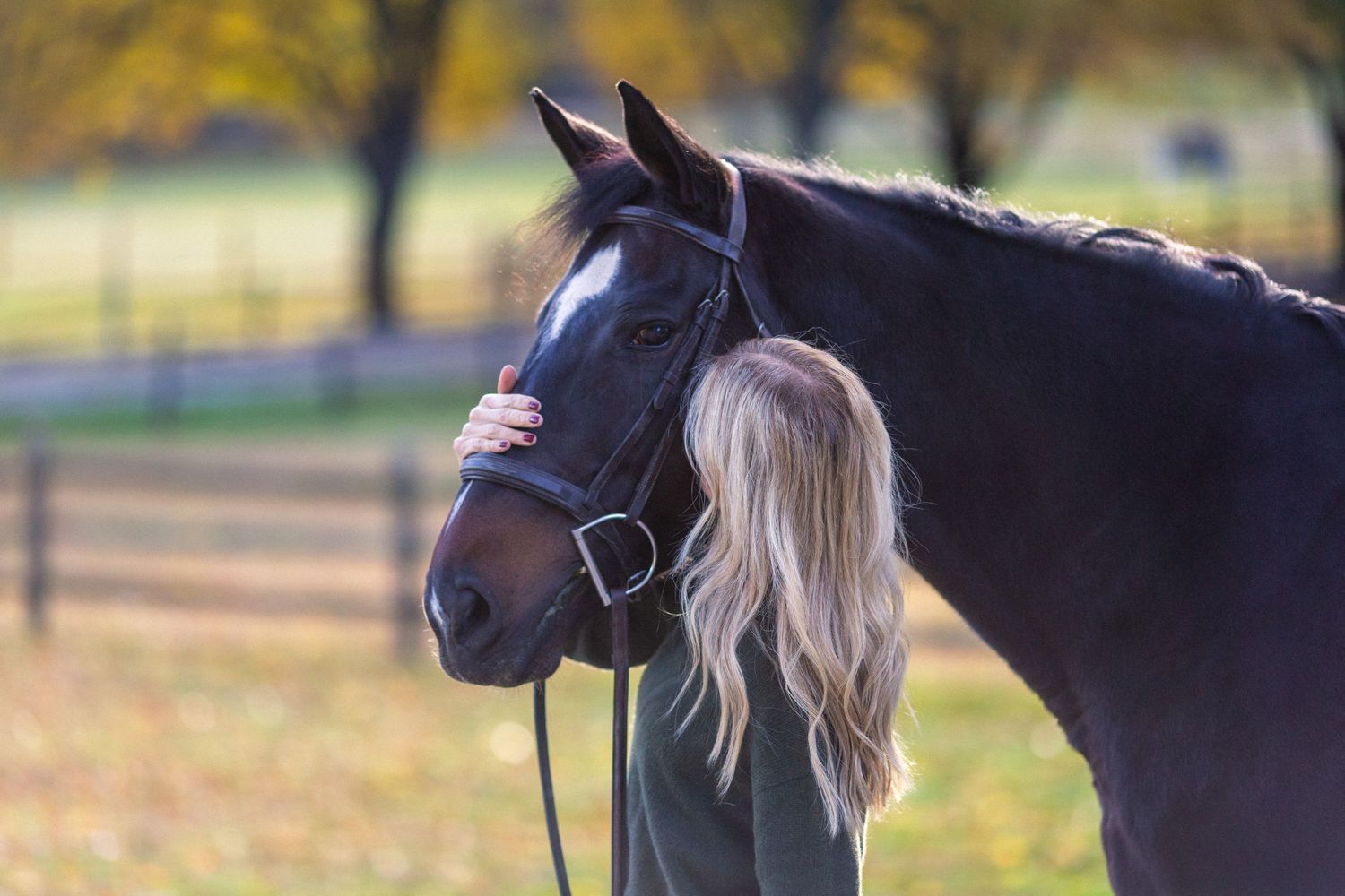 Blonde woman embracing a dark black horse outdoors in a scenic autumn paddock setting.