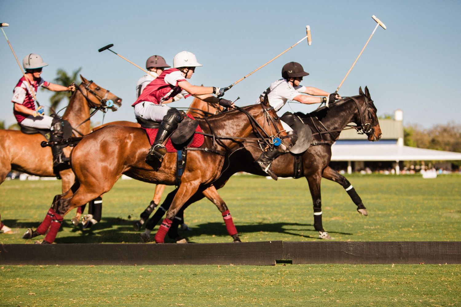 Dynamic shot of polo players in red and white jerseys competing for the ball.