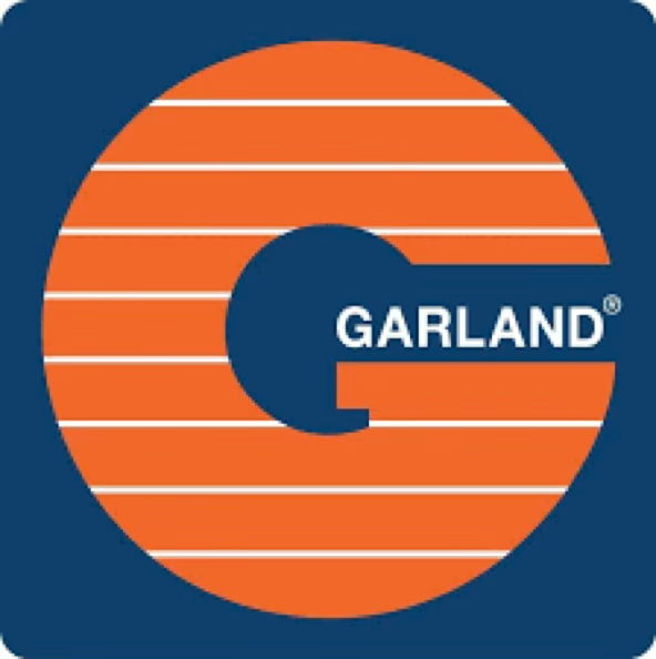 Garland logo design featuring an orange striped letter G on a navy blue background.