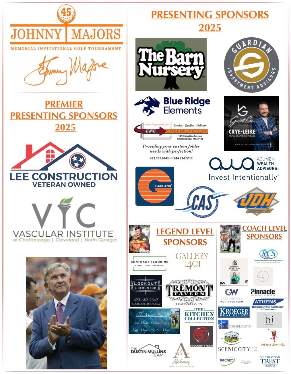 A collage of business logos and sponsor banners arranged in rows showing various company names and branding elements.