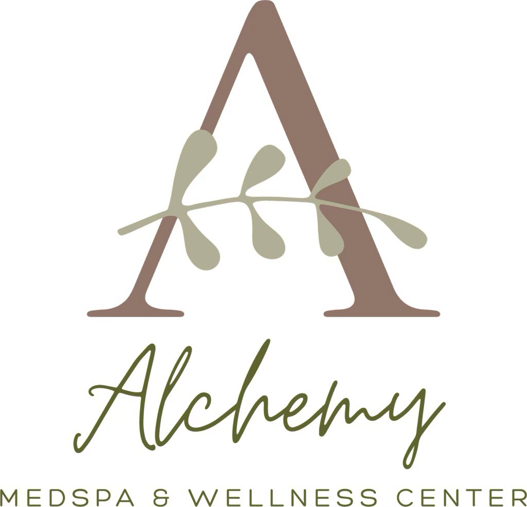 A brown and green logo design for Alchemy Medspa & Wellness Center with musical note accents.