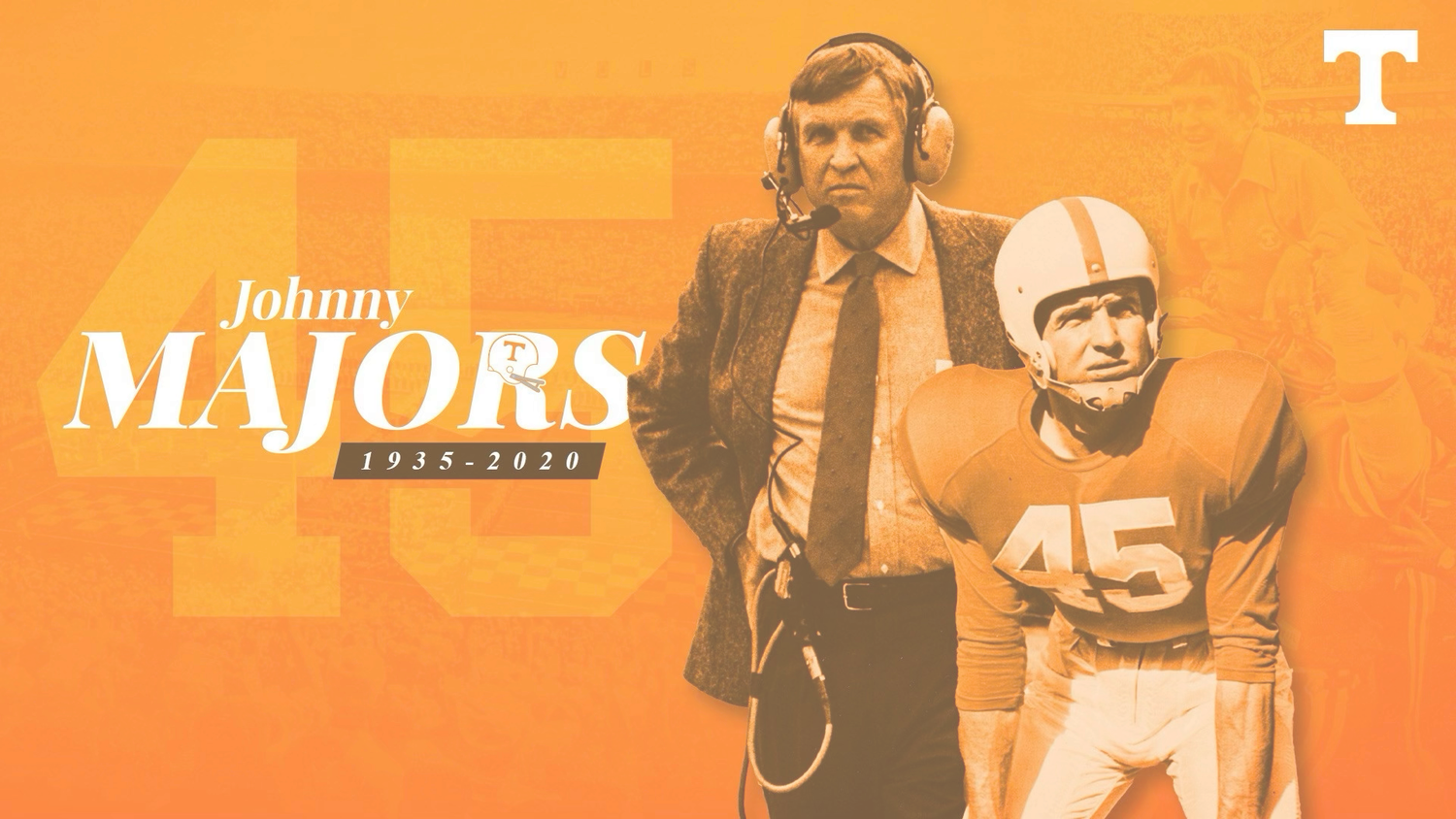 A vintage orange-tinted sports photo featuring a coach with headphones and a player wearing jersey number 45 for Tennessee.