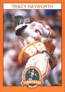 Tracy Hayworth Tennessee Volunteers football trading card featuring player in orange jersey during game action.