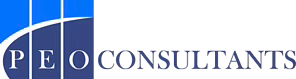 Professional business logo design featuring blue and white geometric shapes with text for PEO Consultants.