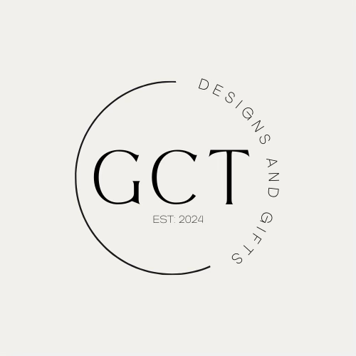 Minimalist logo design variations showing 'GCT' text and circular elements in black on a light background.
