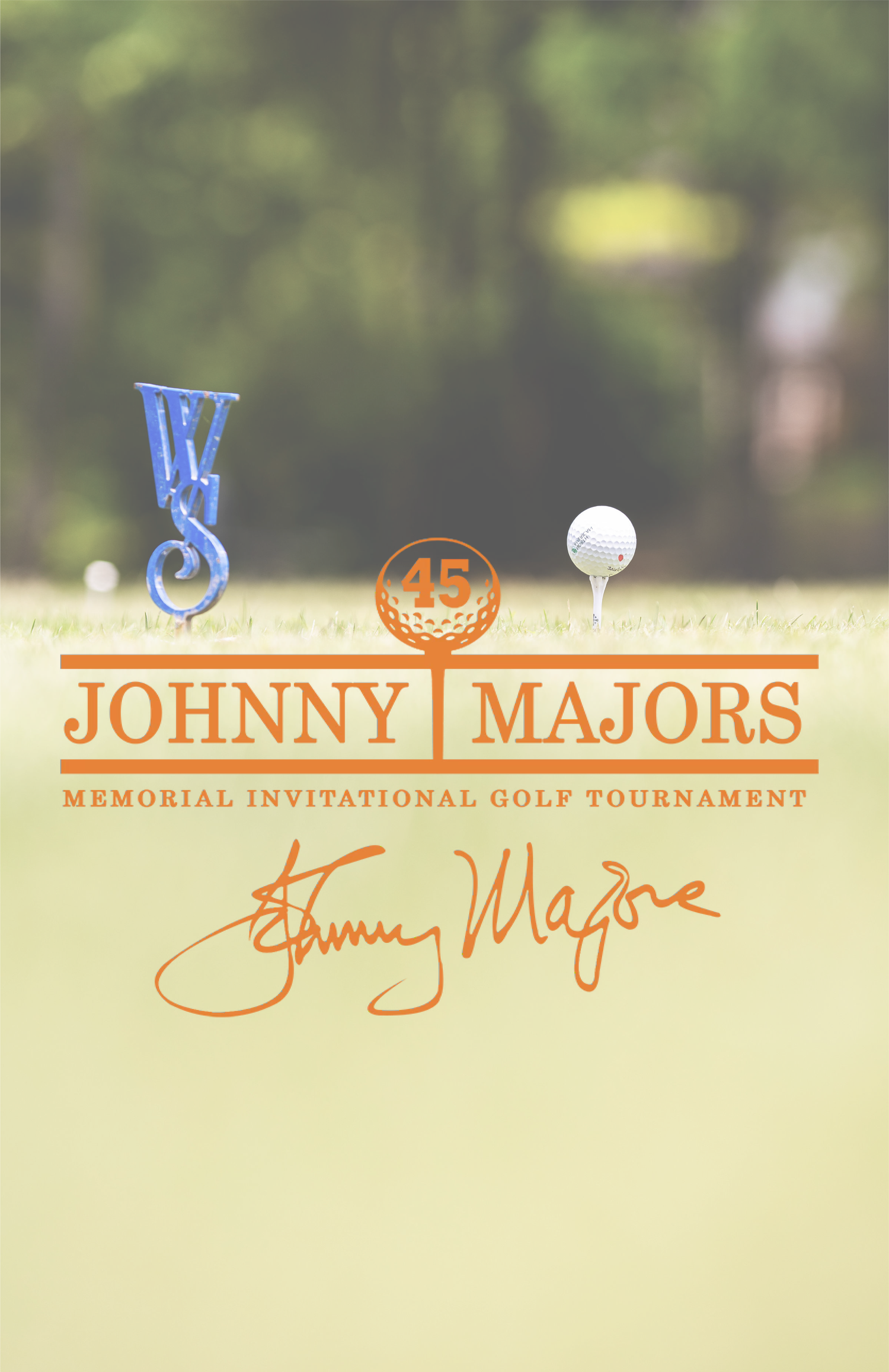 Logo design for Johnny Majors Memorial Invitational Golf Tournament with signature and golf ball on blurred background.