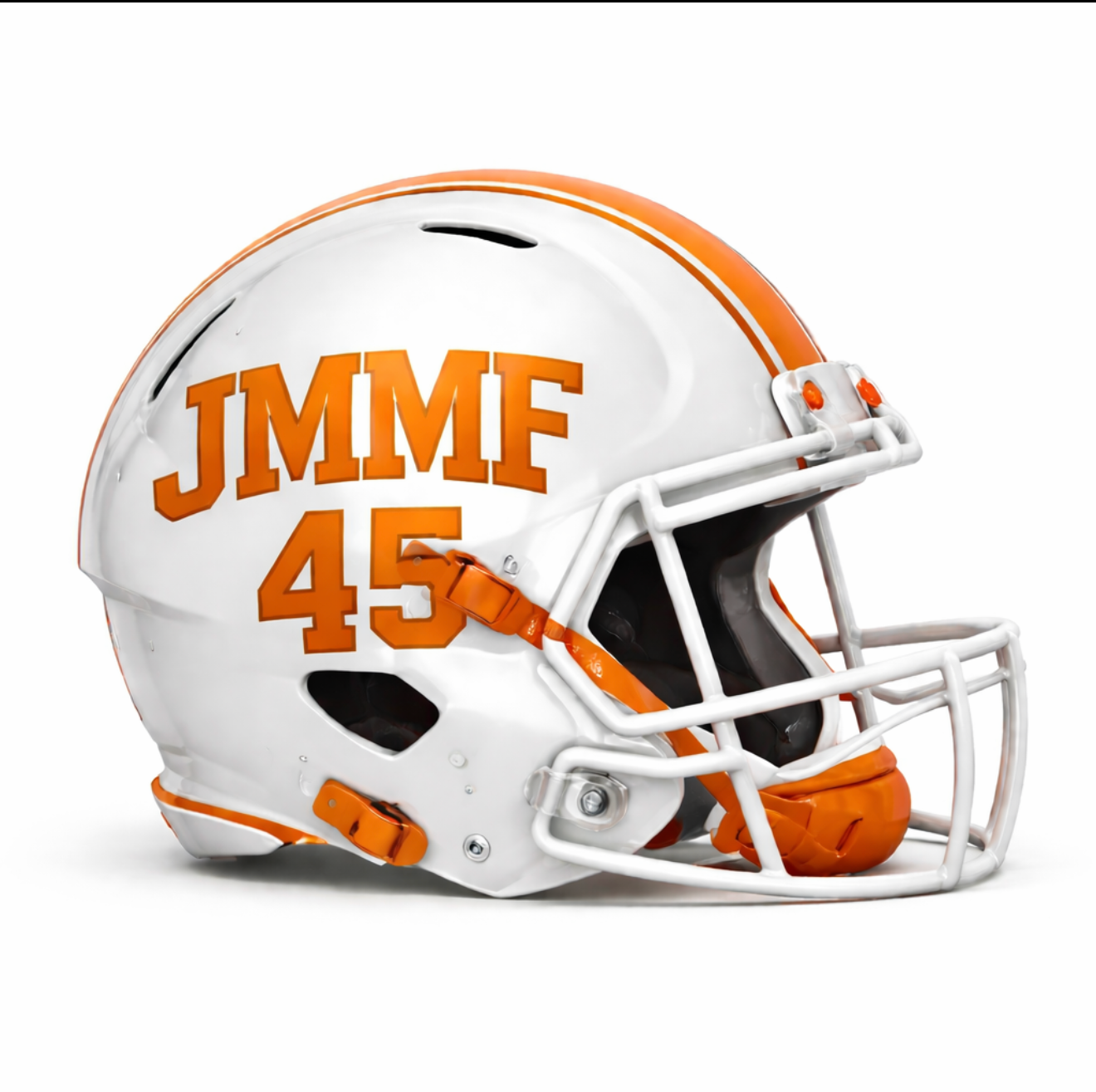 White football helmet with orange JMMF 45 text and stripe design displayed against white background.