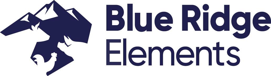 Blue Ridge Elements logo design featuring mountain peaks and text in navy blue color scheme.