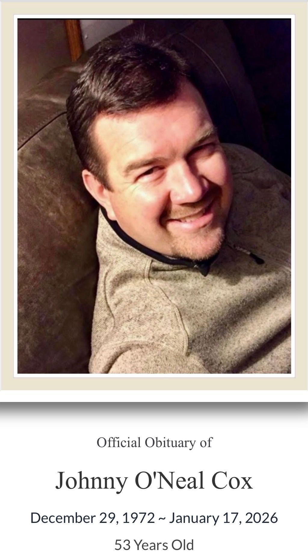 Official obituary card for Johnny O'Neal Cox, born December 29, 1972, passed January 17, 2026, age 53.