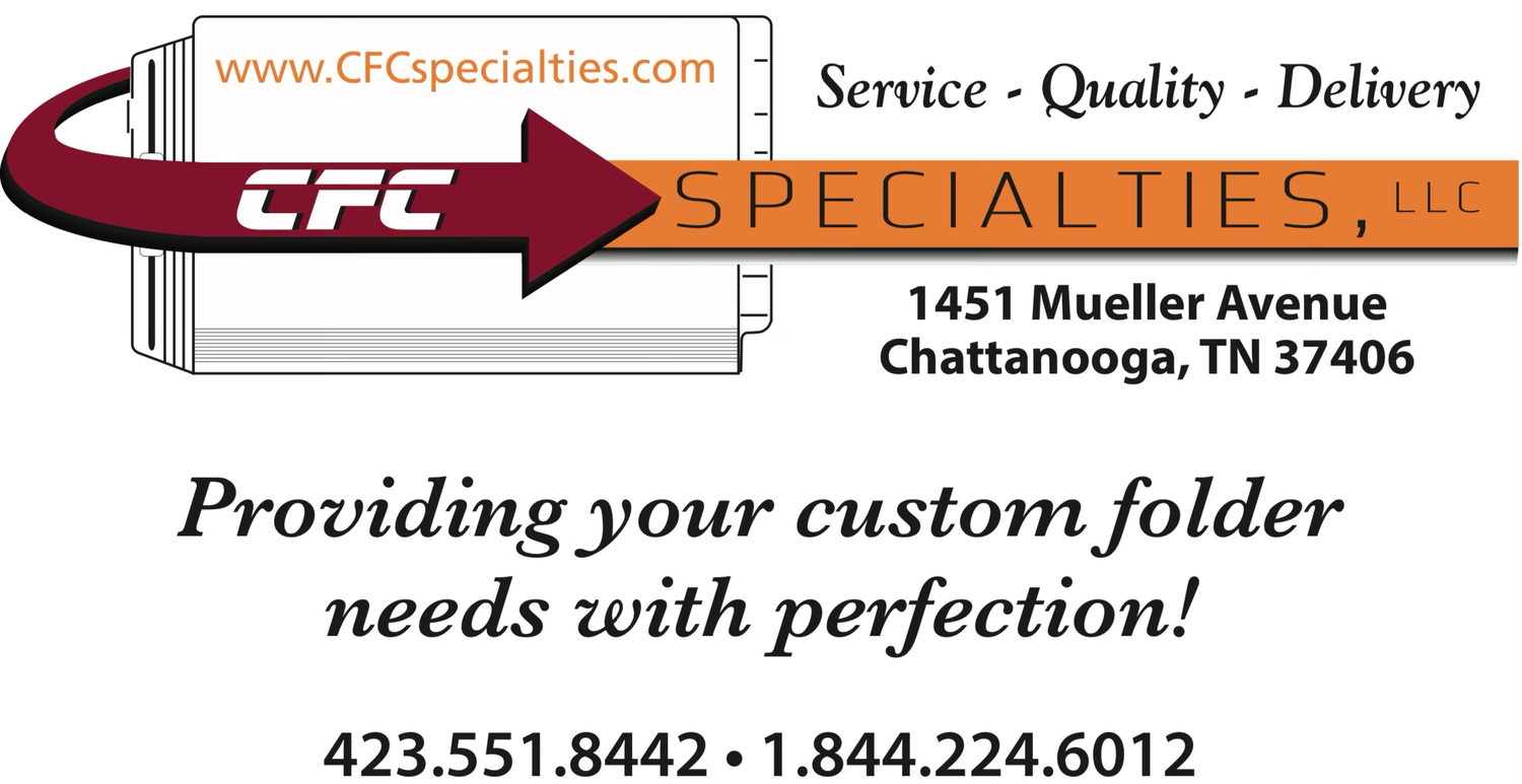 CFC Specialties company logo featuring a red arrow with contact information for custom folder services in Chattanooga, TN.