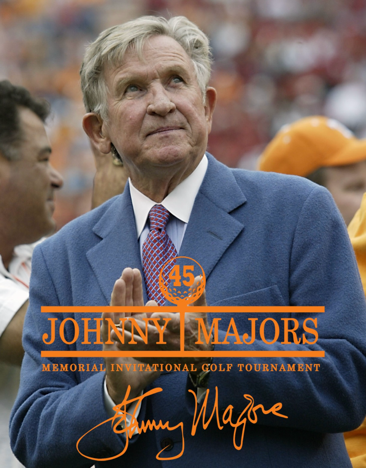 Johnny Majors Memorial Invitational Golf Tournament promotional image featuring an elderly man in a blue blazer at a football stadium.