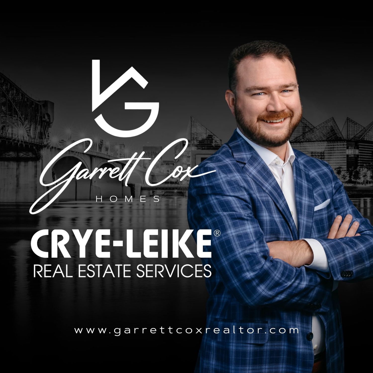 Professional real estate agent branding photos showing business logo and website against dark background.
