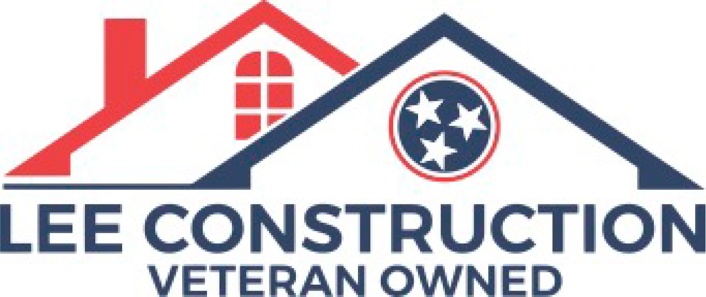 Construction company logo design with red and navy house icons and text showing Lee Construction as a veteran owned business.