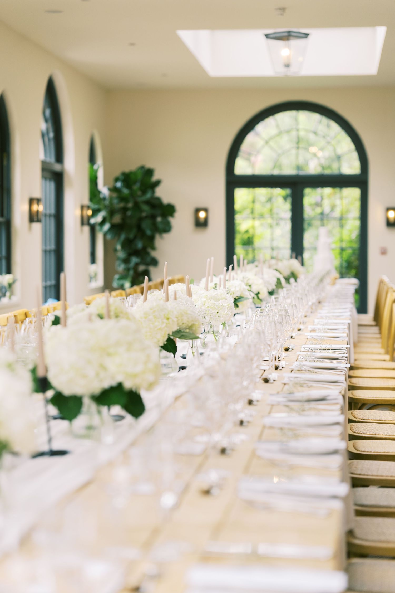 Elegant wedding reception table with white hydrangeas, crystal glassware, and gold chairs in a bright venue.