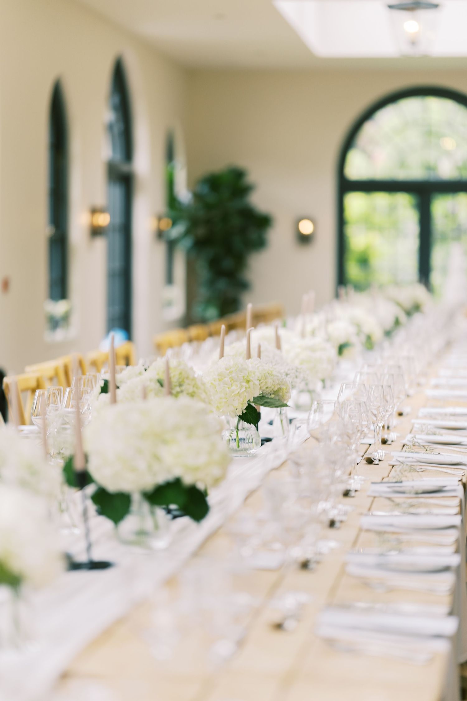 Long wedding reception table with white hydrangea centerpieces, crystal glassware, and gold candlesticks in bright venue.