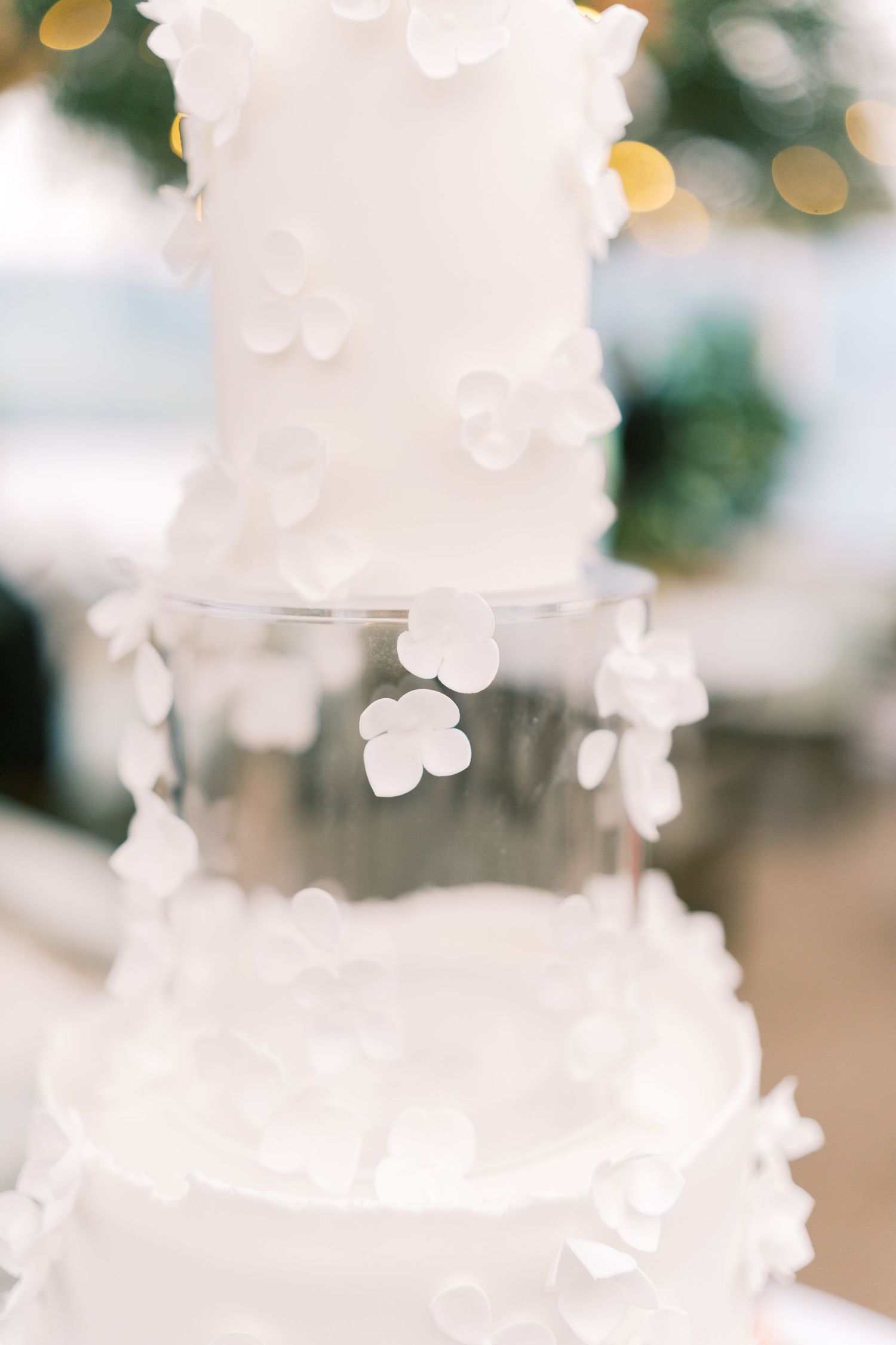 Elegant multi-tiered white wedding cake adorned with delicate sugar flower petals on clear separator layers.