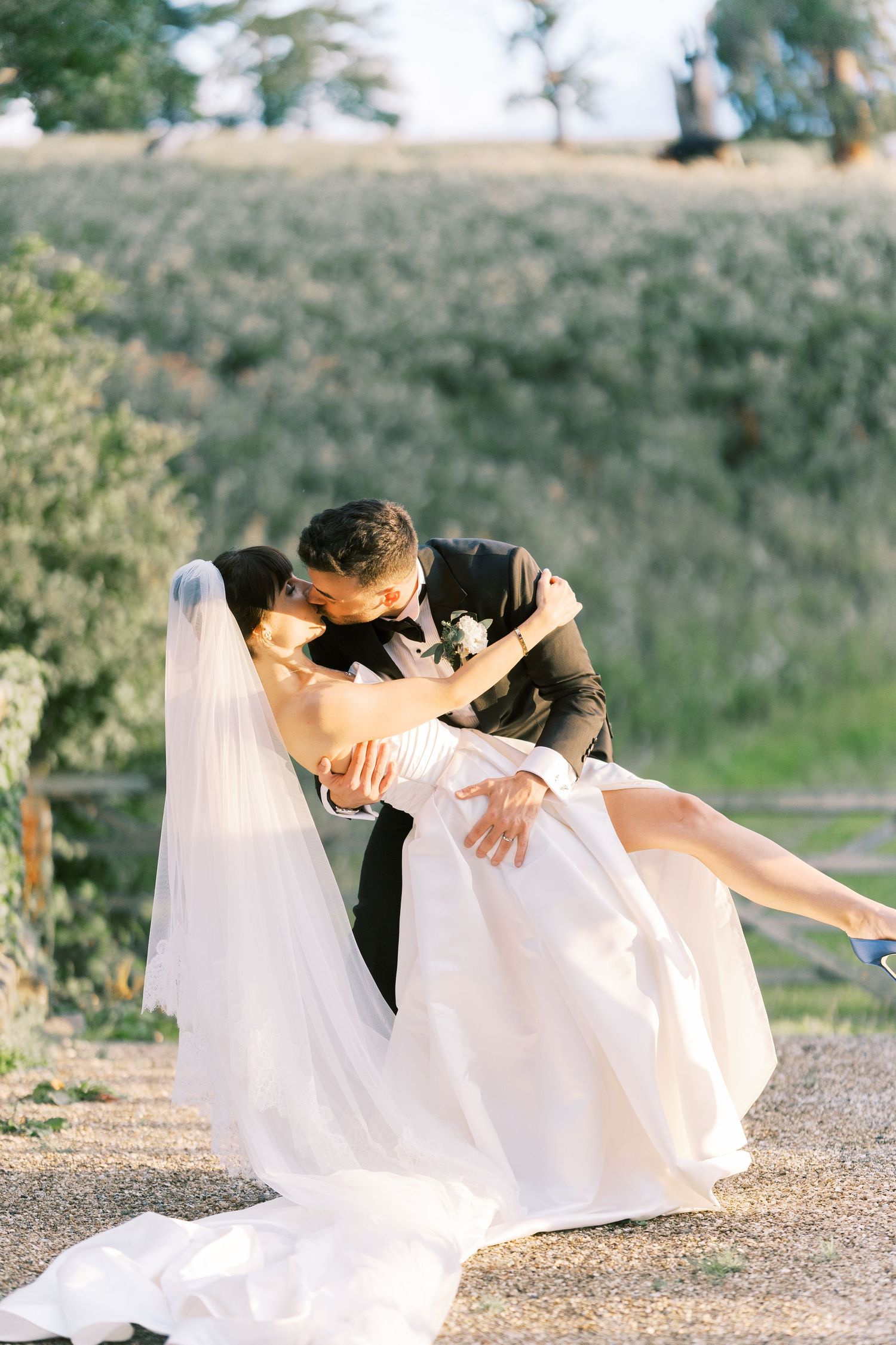 Groom dips bride for a romantic kiss outdoors, her white gown and veil flowing gracefully in a sunlit garden setting.