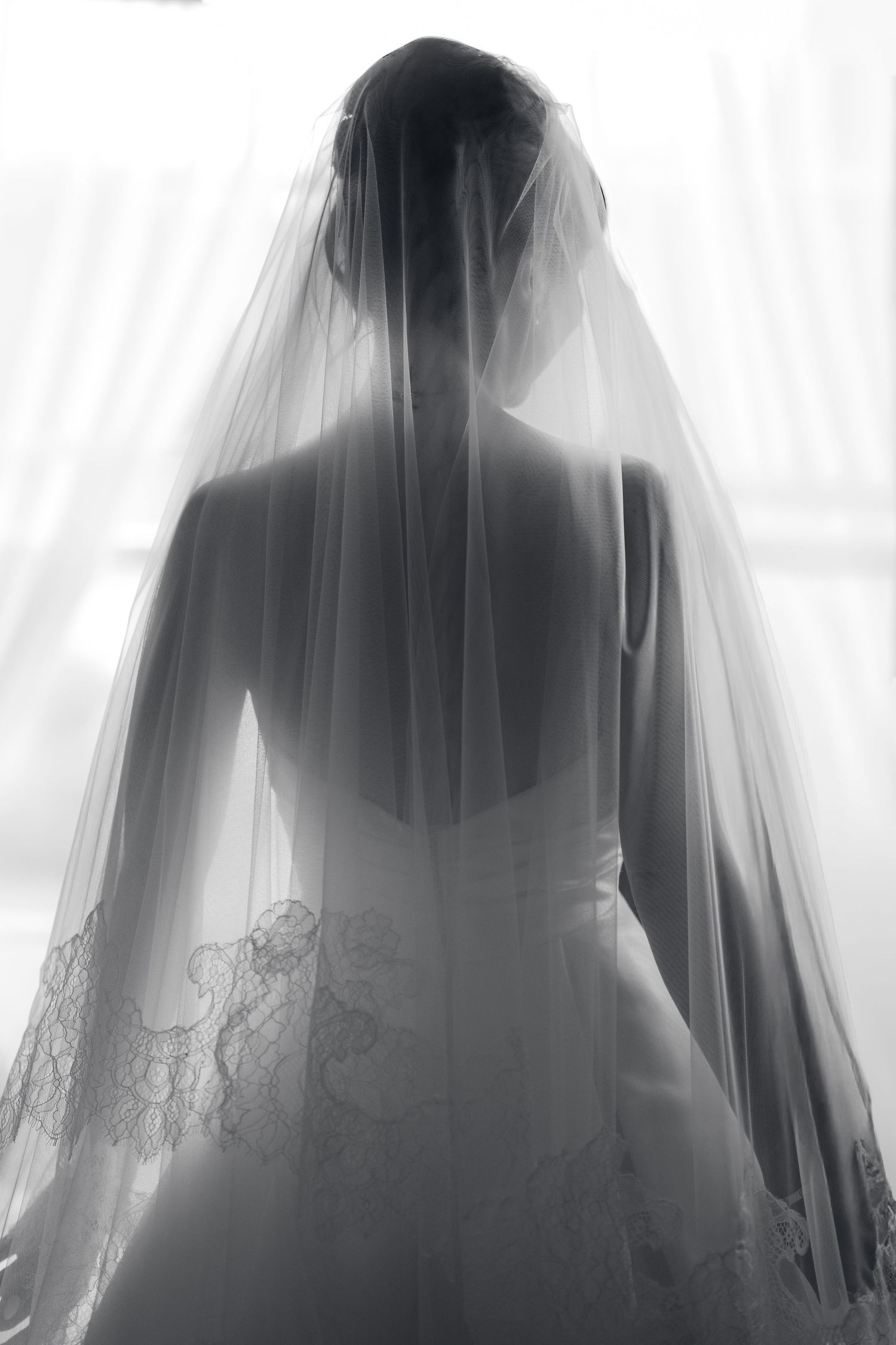 Black and white silhouette of a bride in a lace wedding dress and long veil, backlit by soft window light.
