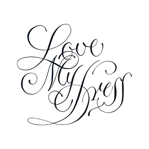 Elegant decorative script calligraphy logo reading Love My Dress in black ink.