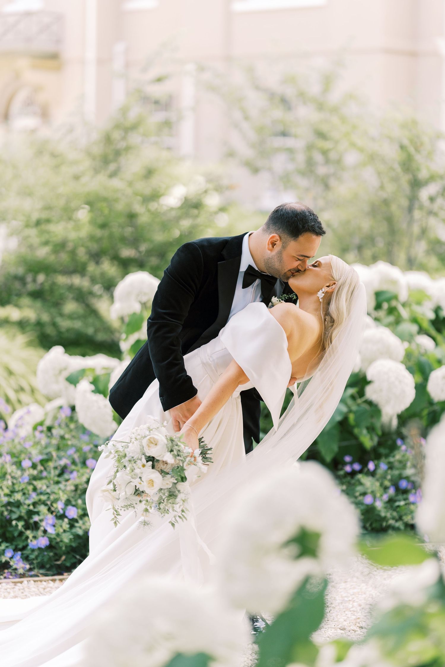 Groom dips bride for romantic kiss among white hydrangeas in sunlit garden setting.