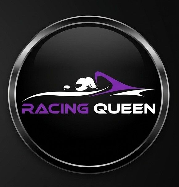Racing Queen logo featuring a female silhouette on a speedboat, with purple and white text inside a sleek black circular badge.
