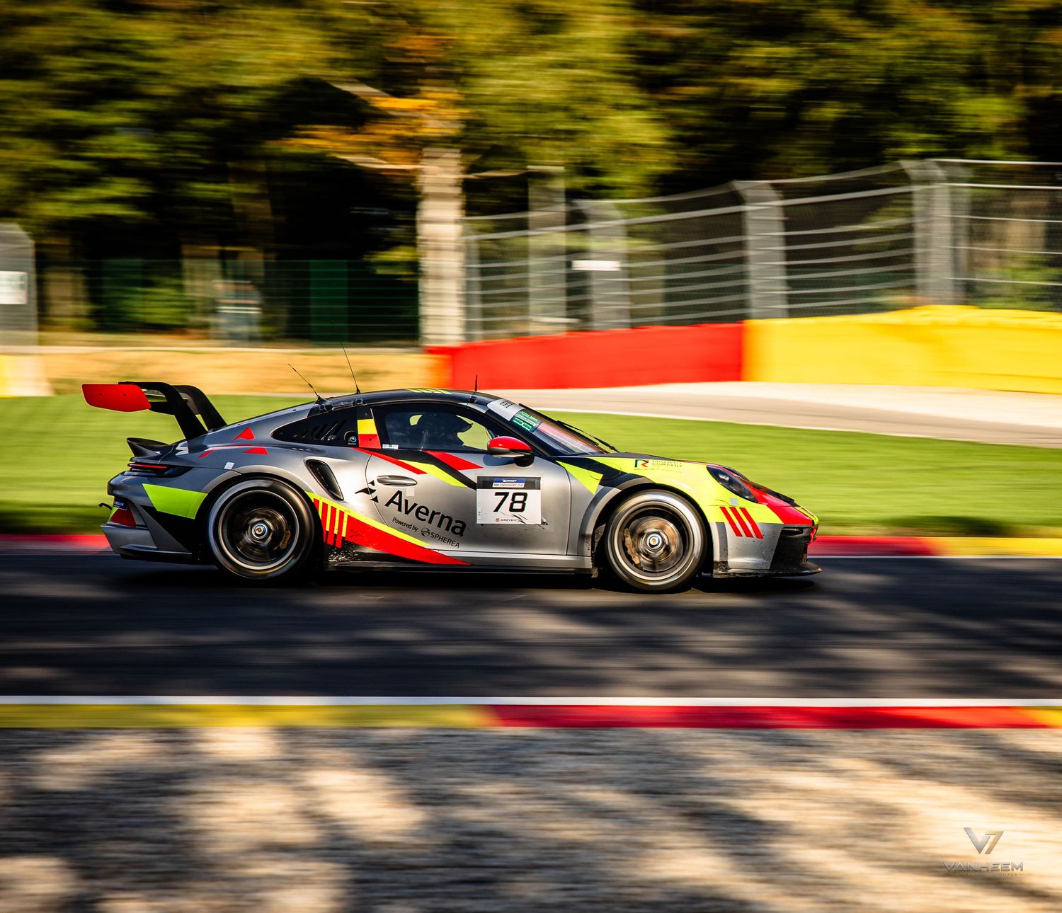 Porsche GT3 race car number 78 with Avenir livery speeding on track at Monza circuit during autumn.
