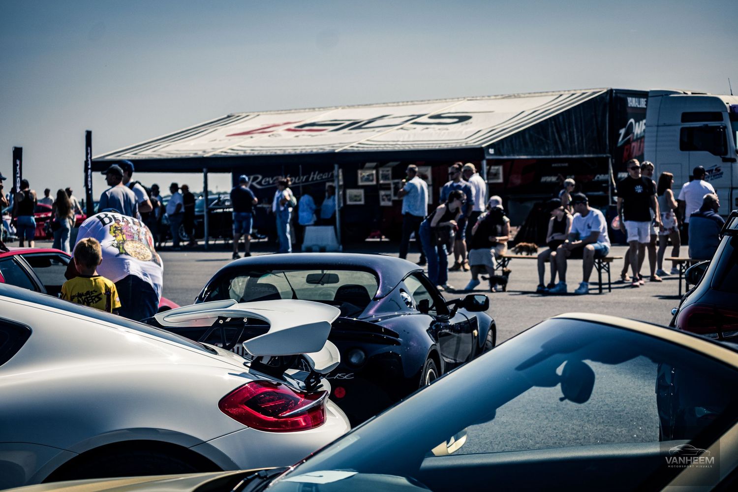 Row of classic cars and spectators lined up at an outdoor auto show event on a sunny day.