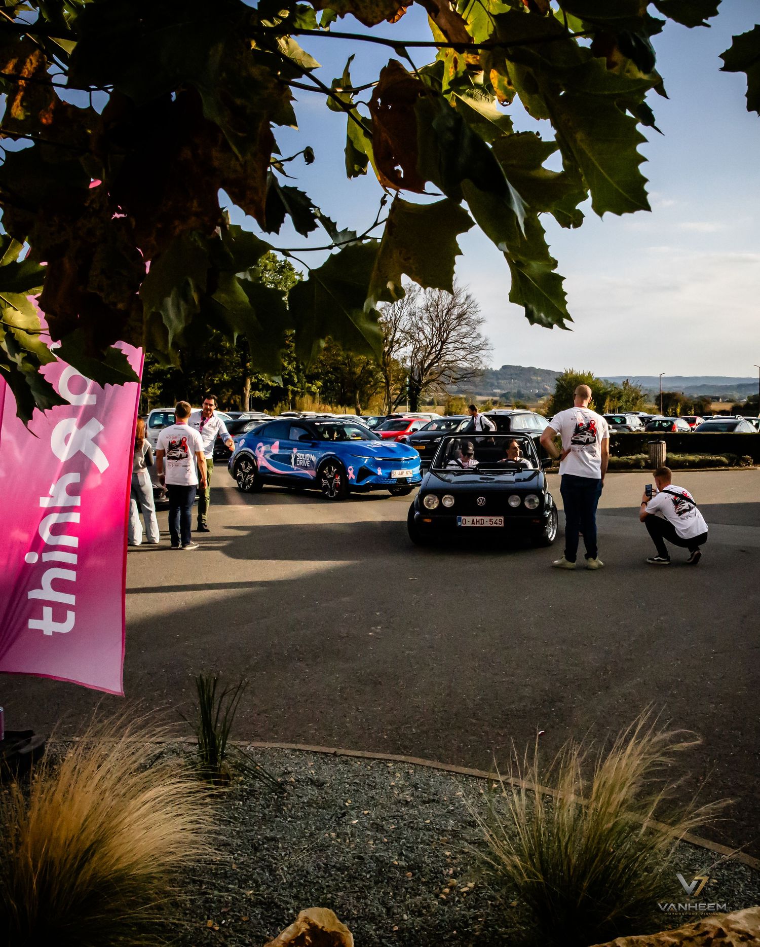 Electric cars lined up at an outdoor EV rally event with a pink Think banner and spectators on a sunny day.