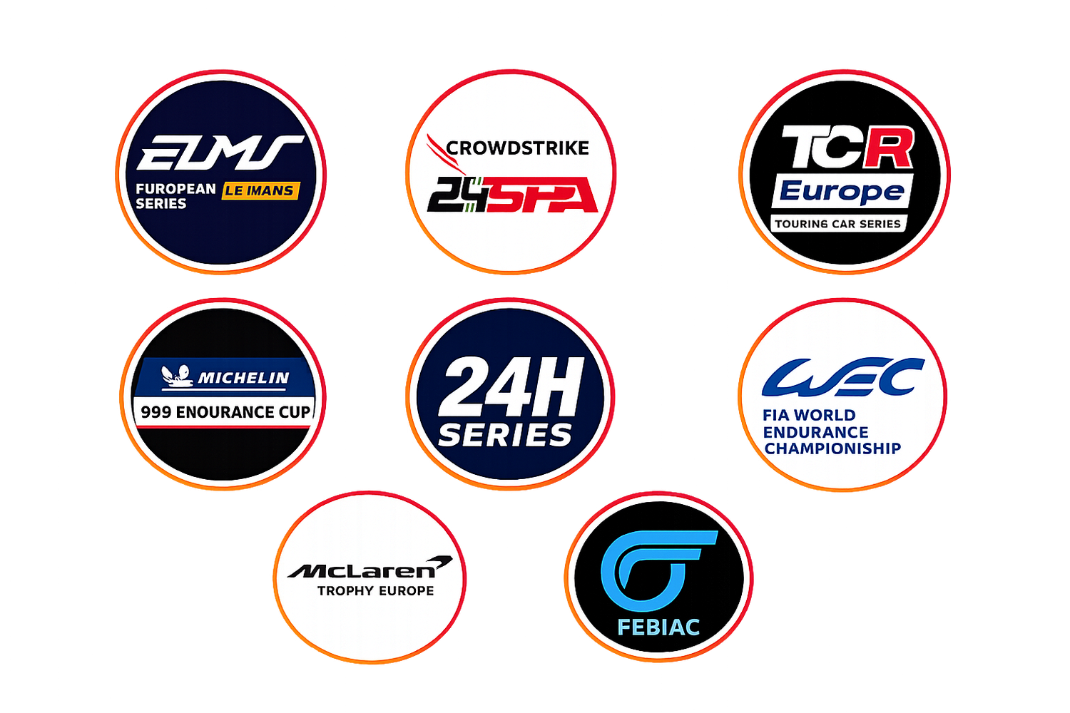 Collection of motorsport series logos including WEC, 24H Series, TCR Europe, ELMS, Michelin 999 Endurance Cup, and McLaren Trophy.