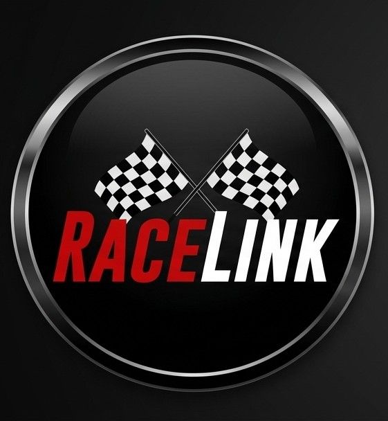 RaceLink logo featuring crossed checkered racing flags with bold red and white text on a sleek black circular badge.