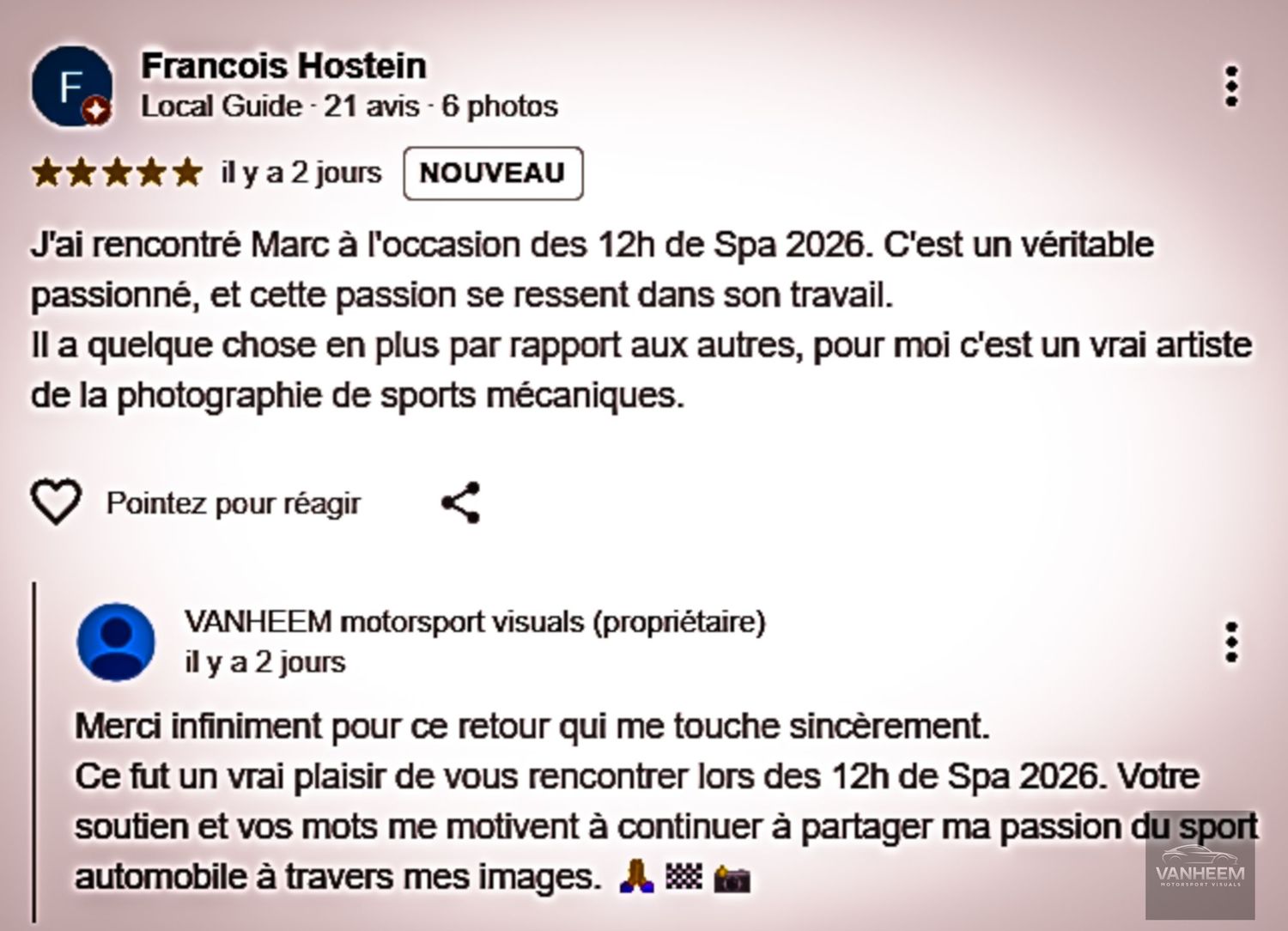 A five-star Google review praising Marc at Spa 2026 as a passionate motorsport photographer, with an owner response thanking the reviewer.