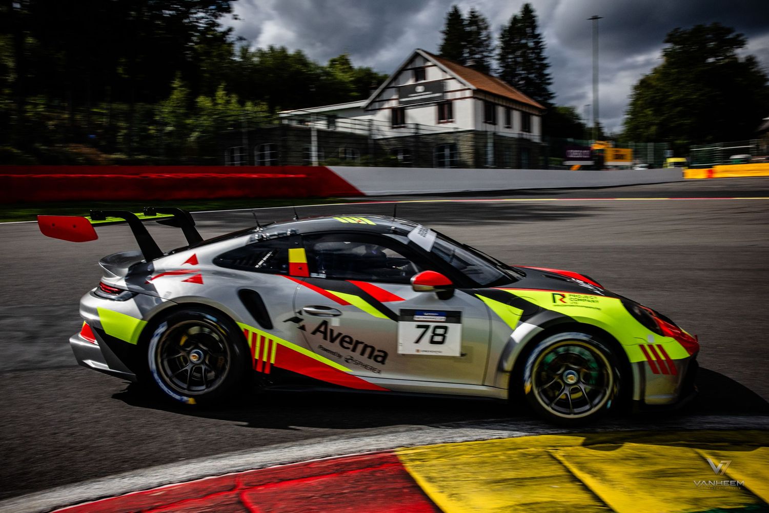 Porsche 911 GT3 race car #78 with Avema livery speeding on Spa-Francorchamps circuit during a GT racing event.