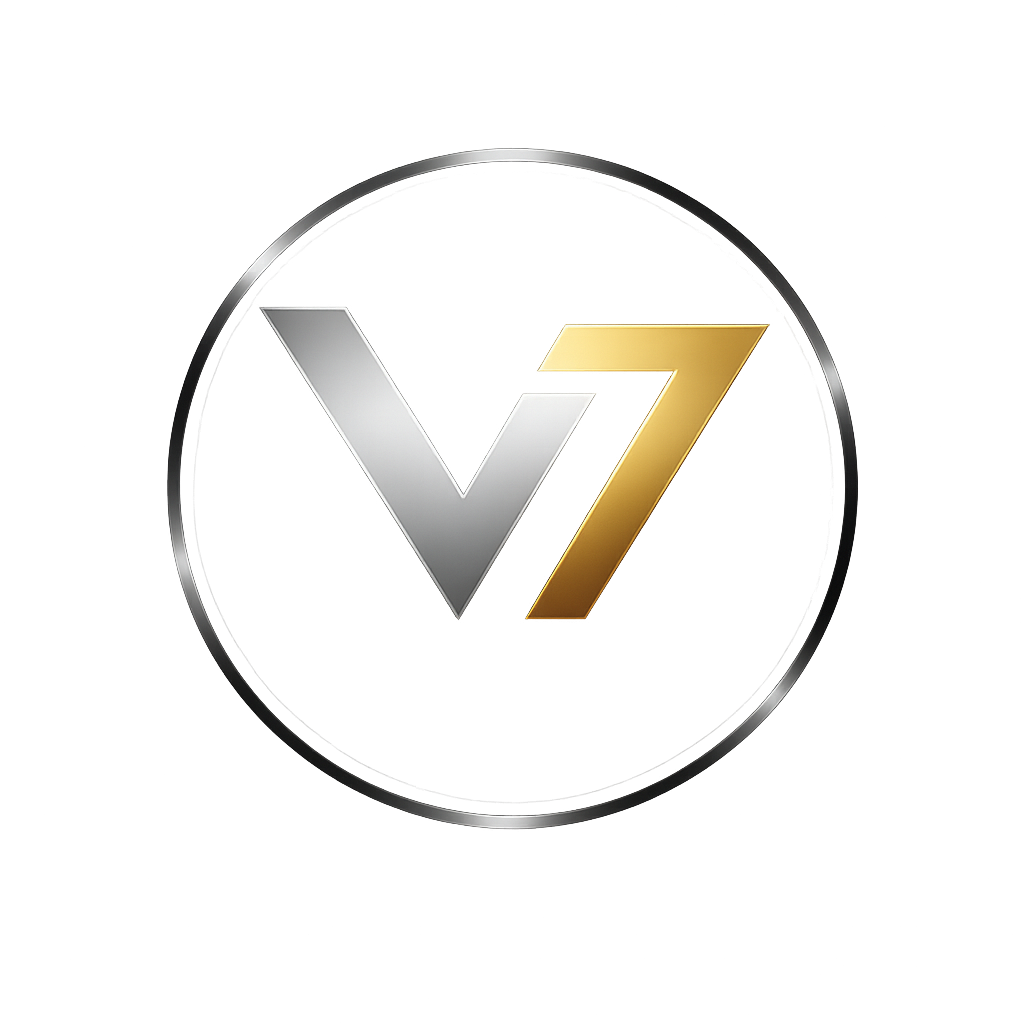 V7 logo with silver V and gold 7 inside a metallic circle on white background.