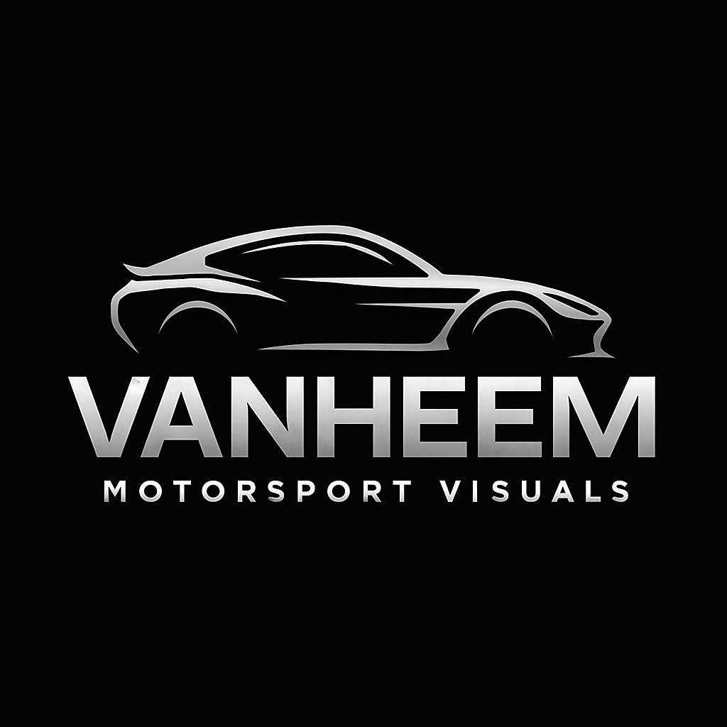 Sleek black and white automotive logo design for Vanheem Motorsport Visuals featuring minimalist car silhouette.