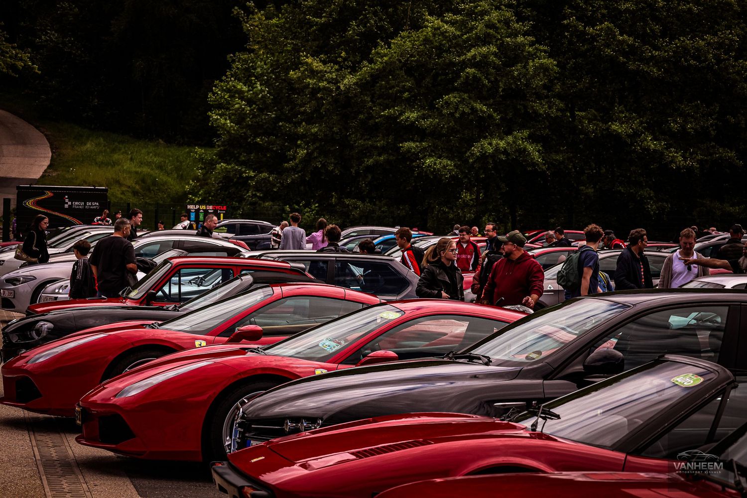 Rows of red Ferrari sports cars parked at an outdoor car meet event with spectators and green trees in background.