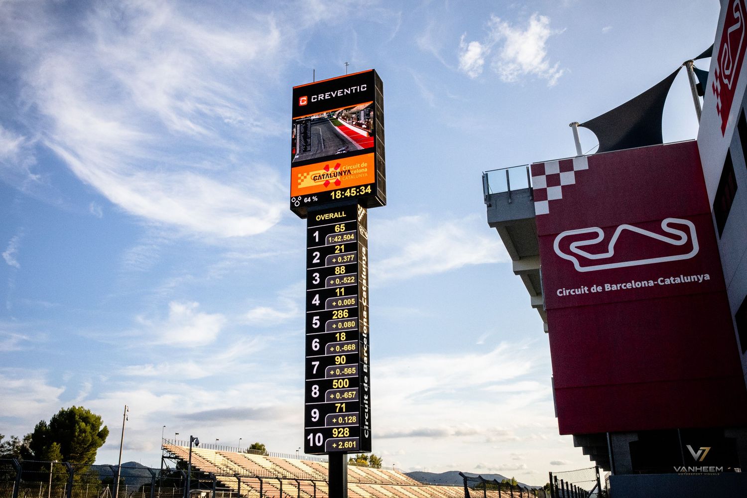 Leaderboard tower at Circuit de Barcelona-Catalunya F1 track under blue sky with grandstands visible.