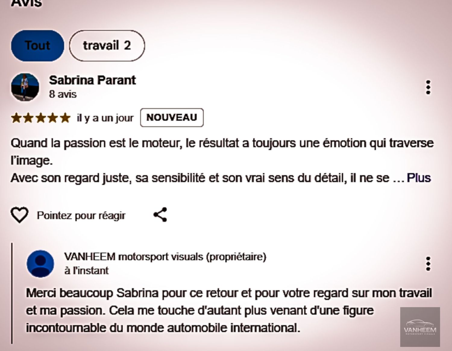 A five-star Google review from Sabrina Parant praising a motorsport photographer, with an owner response from VANHEEM motorsport visuals.