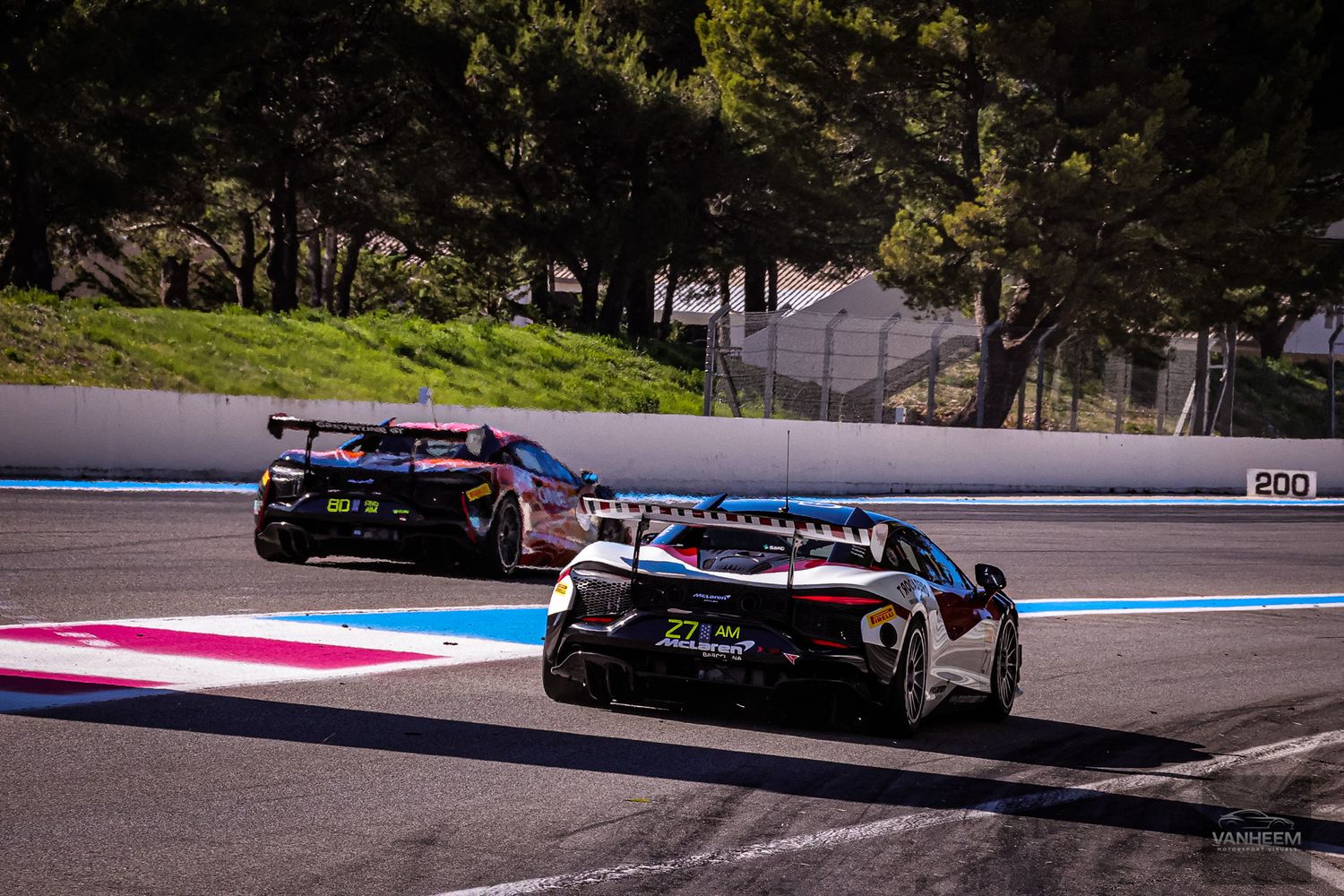 Race cars speed around a track during a motorsport competition at Paul Ricard Circuit in France.