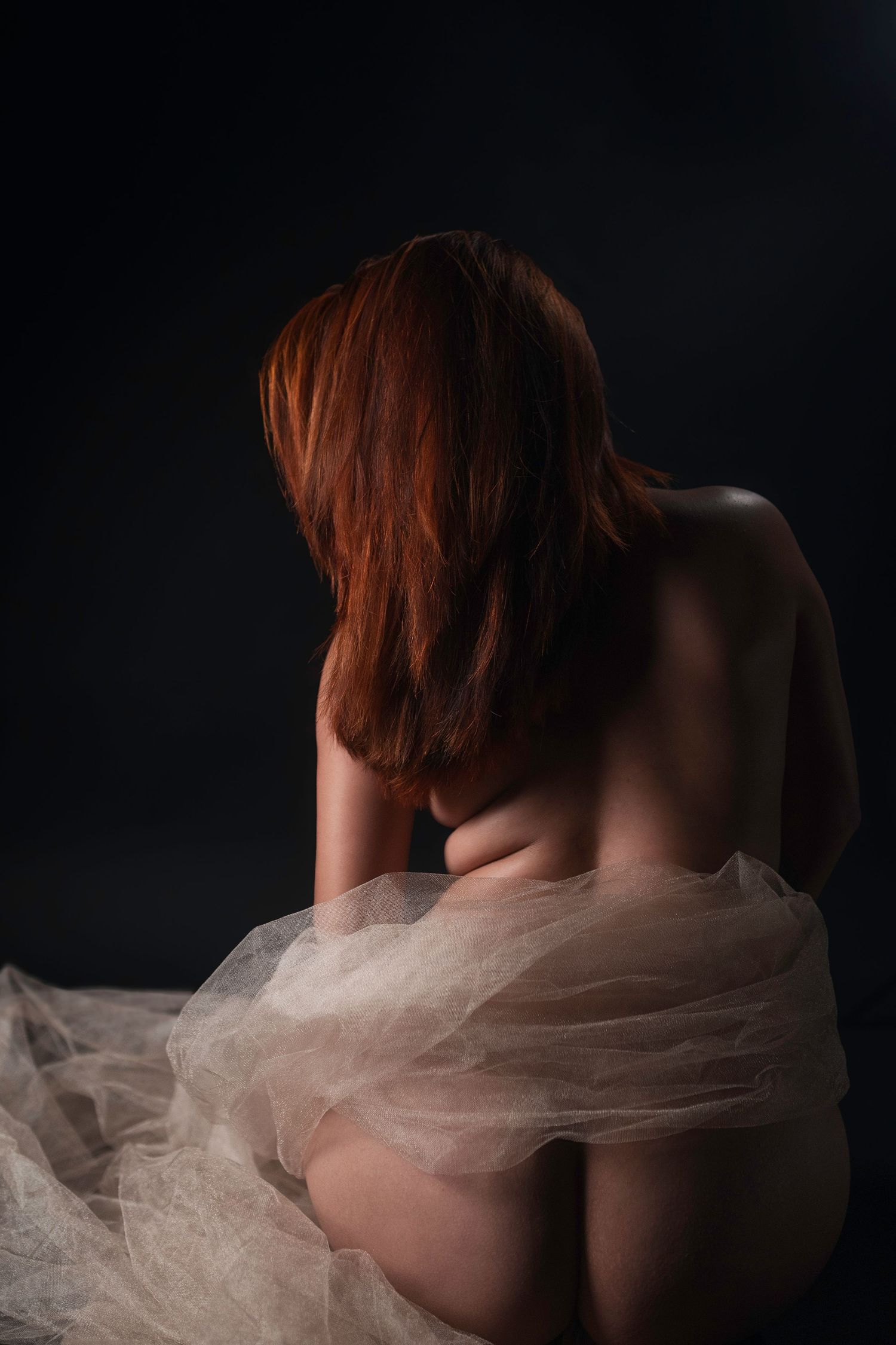 Fine art boudoir portrait from behind in warm shadow, Dallas-Fort Worth boudoir photographer.