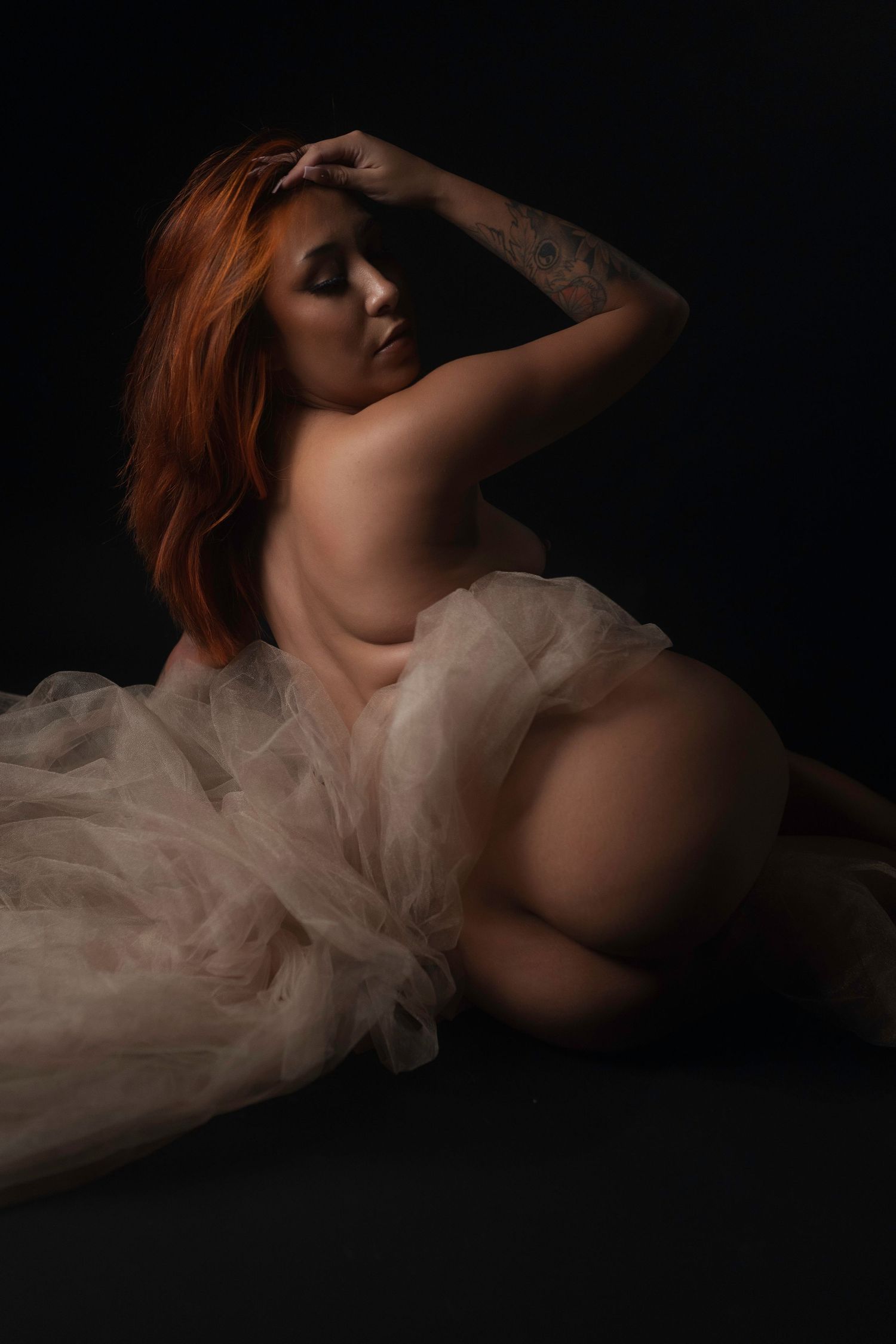 Sheer fabric boudoir portrait in painterly lighting, best boudoir photographer Fort Worth.