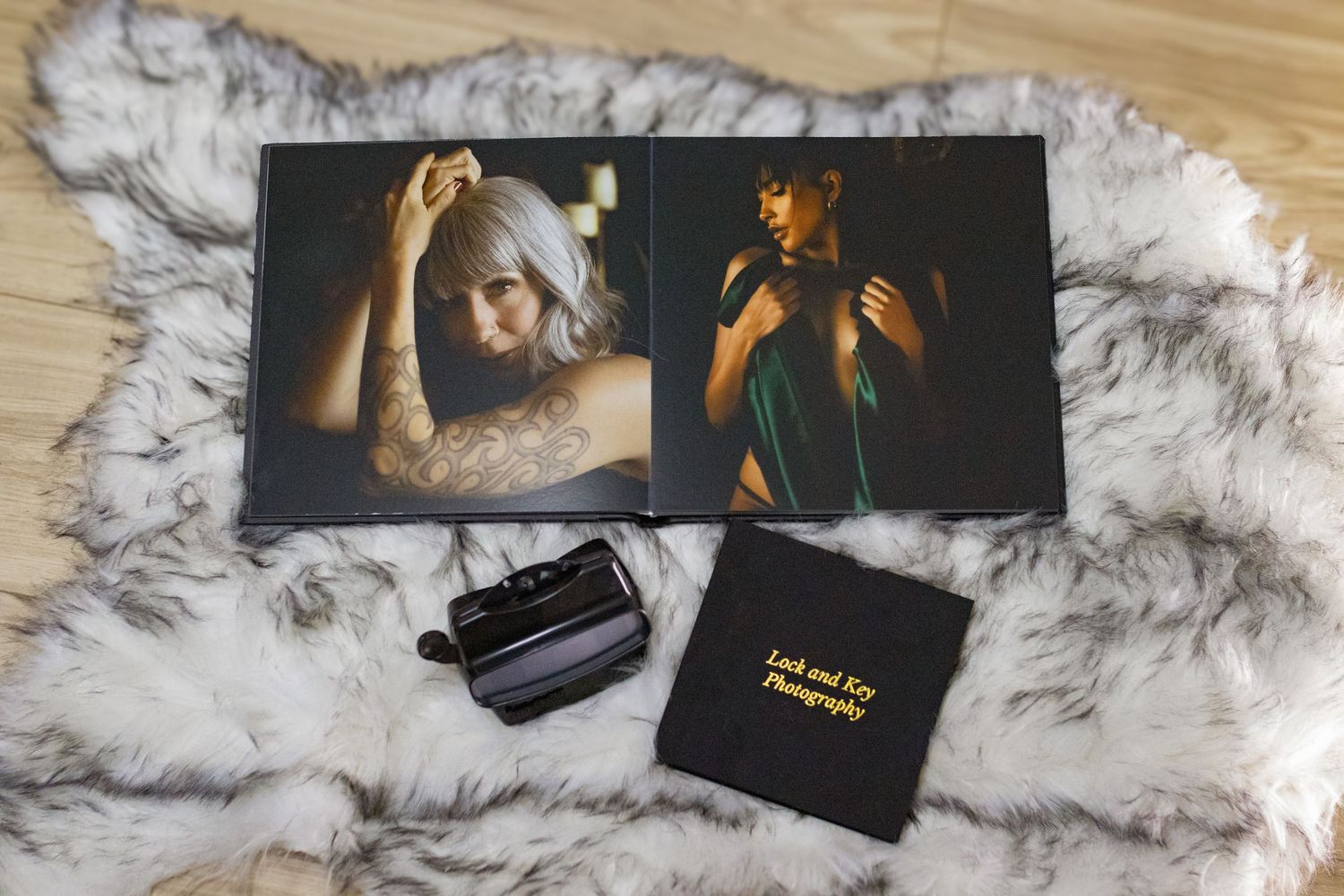 Luxury boudoir photography albums and retro viewfinder on fur — boudoir products Fort Worth Lock & Key Photography