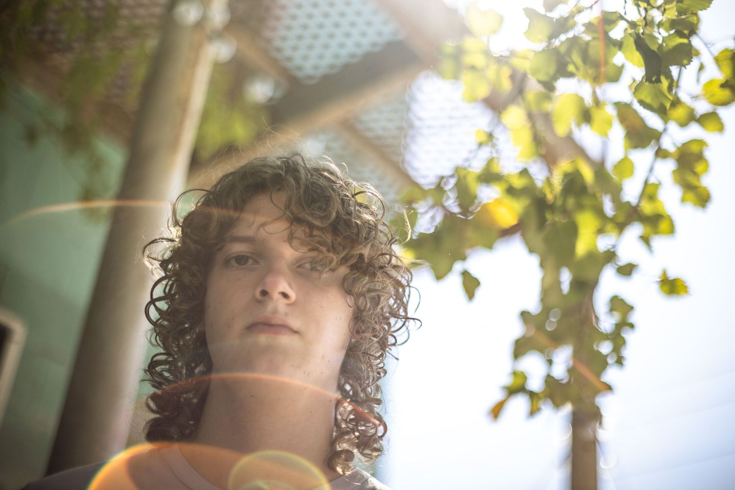 Young man with curly hair photographed from below against sunlit green tree canopy.