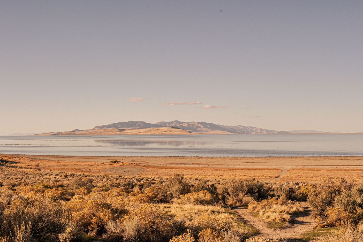 Scenic view of a large lake reflecting mountains across a golden desert shrubland landscape.