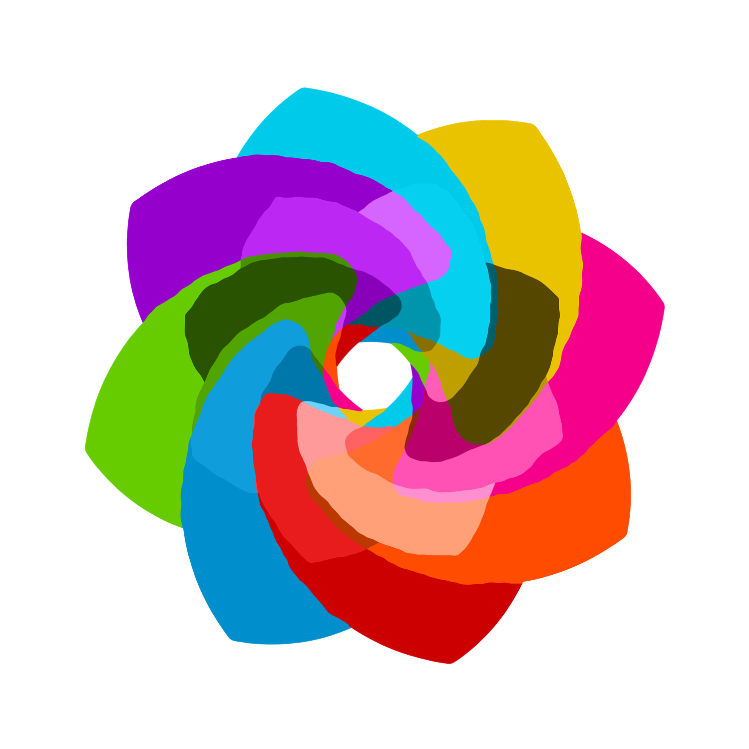Colorful spiral flower logo with overlapping petals in rainbow colors on white background. It's called a shutterbloom.