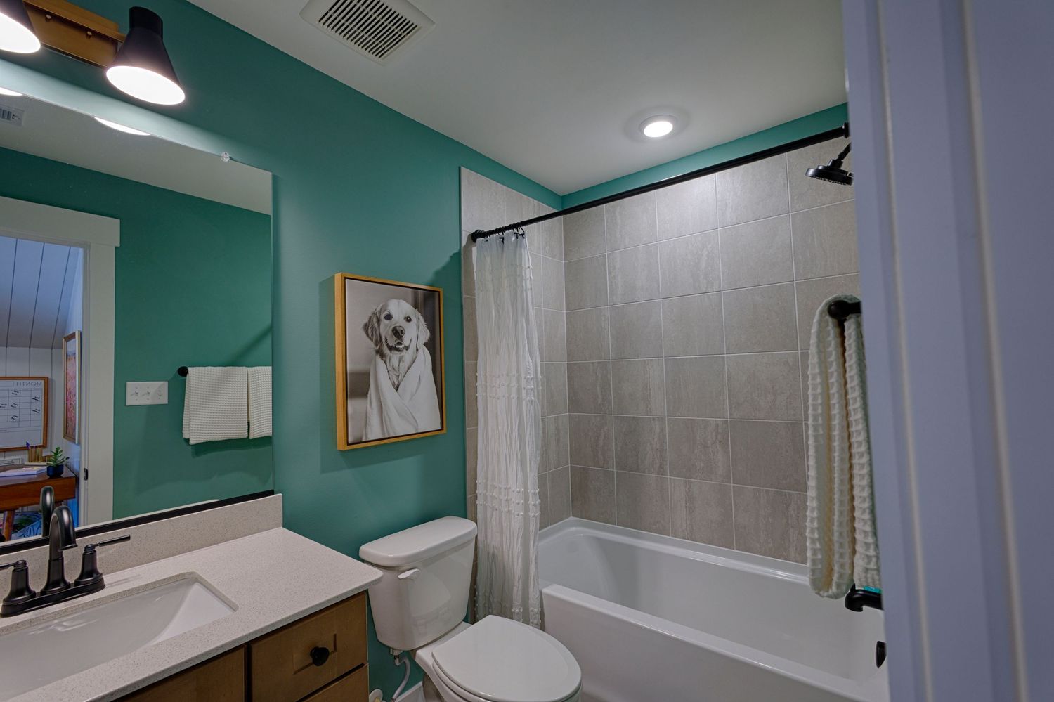 Teal bathroom with tub-shower combo, tile surround, vanity with dark fixtures, and framed dog portrait.Richmond, Virginia.